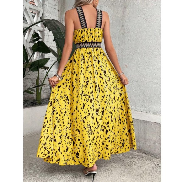Allover Print Contrast Tape Split Thigh Maxi Dress Yellow - Picture 5 of 6